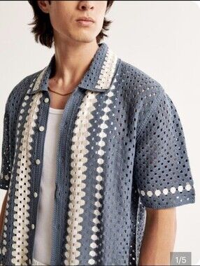 Abercrombie & Fitch Blue and White Crochet Button-Down Shirt